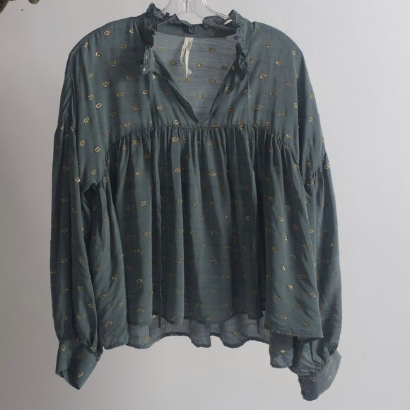 By Anthropologie Ruffled Peasant Blouse Gold and Slate Blue Blouse Size S - Picture 2 of 7